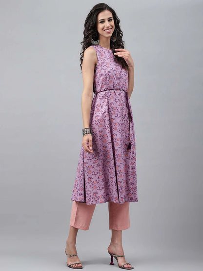 Lavender pure cotton floral print flared Dress - SuratHausBerlin 