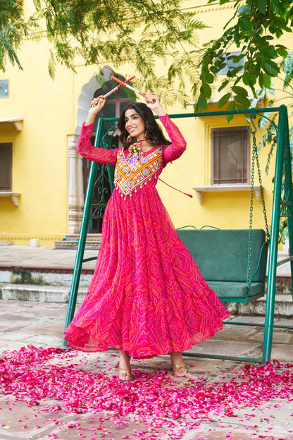 Navratri Bandhani Print Gown with Kutchi Patchwork - SuratHausBerlin 
