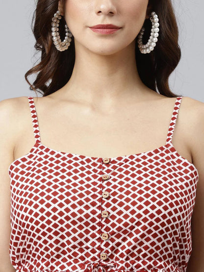 Red Cotton Geometric Printed Flared Western Dress - SuratHausBerlin 