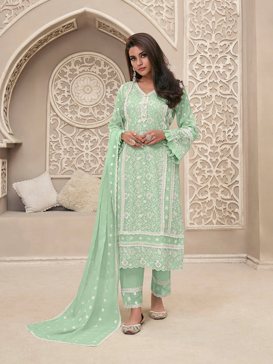 Mint Green with Schiffli Work  Organza Set with inner - SuratHausBerlin 