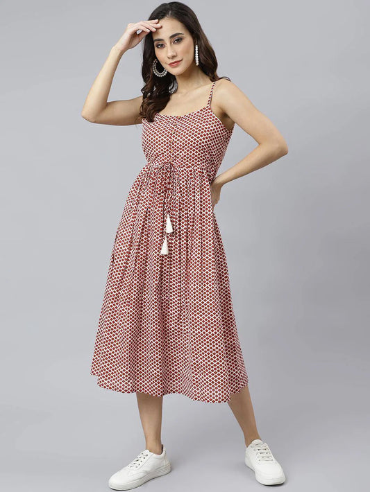 Red Cotton Geometric Printed Flared Western Dress