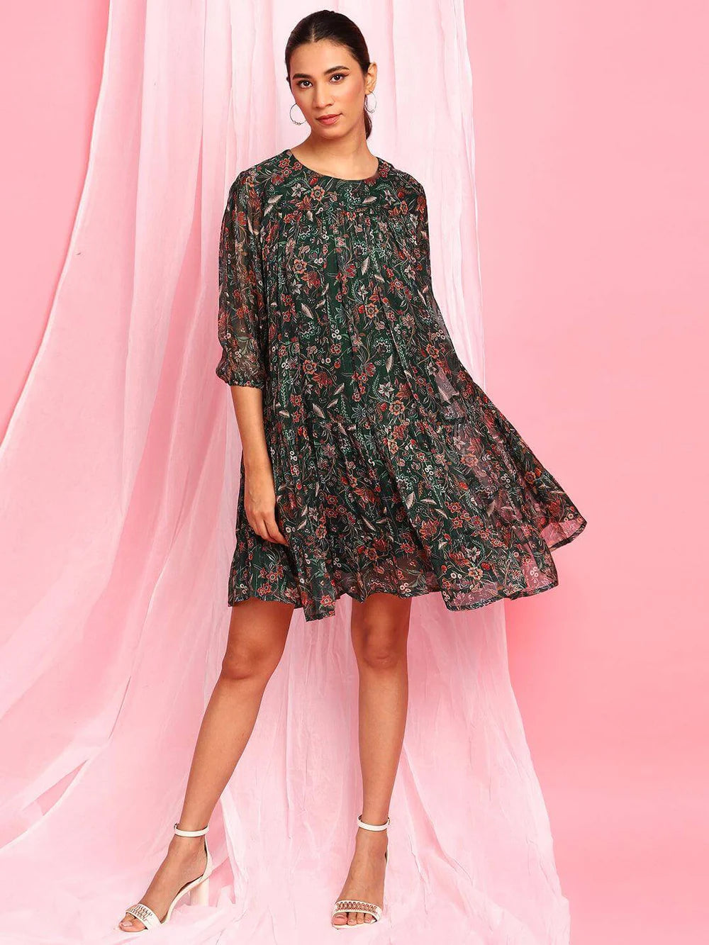 Green Georgette Floral Flared Western Dress - SuratHausBerlin 