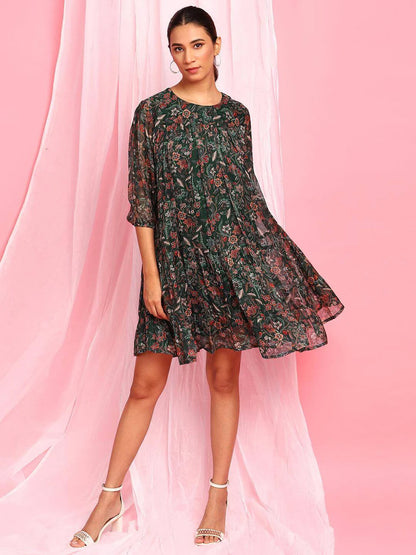 Green Georgette Floral Flared Western Dress - SuratHausBerlin 