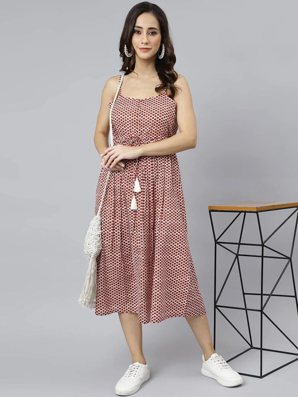 Red Cotton Geometric Printed Flared Western Dress - SuratHausBerlin 