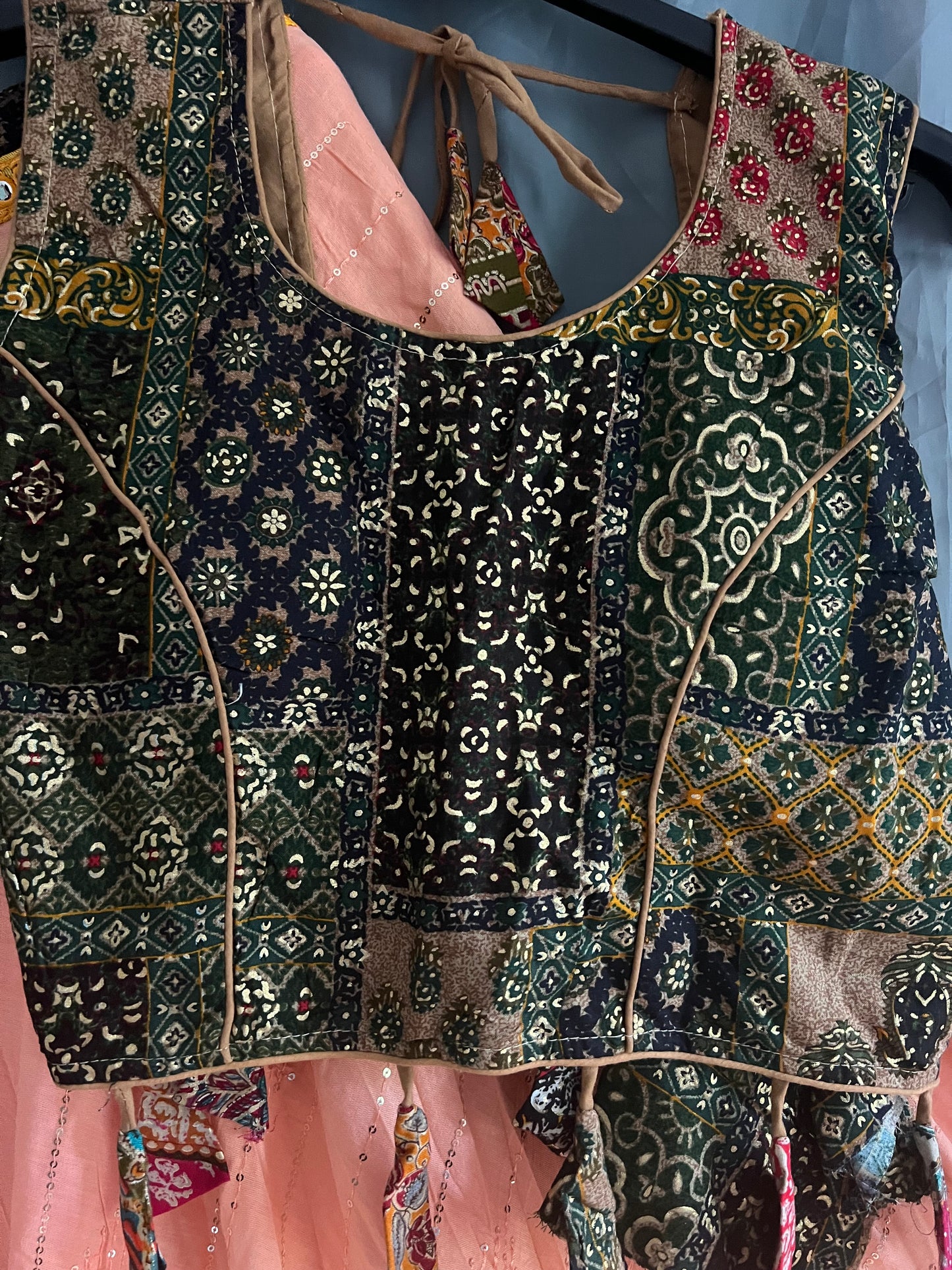 Peach Traditional Choli set -Dark green Black contrast print - SuratHausBerlin 