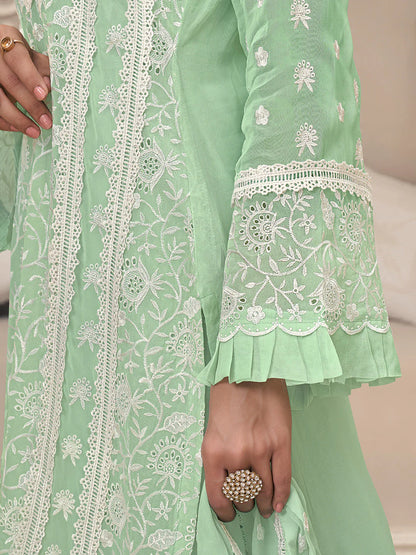 Mint Green with Schiffli Work  Organza Set with inner - SuratHausBerlin 