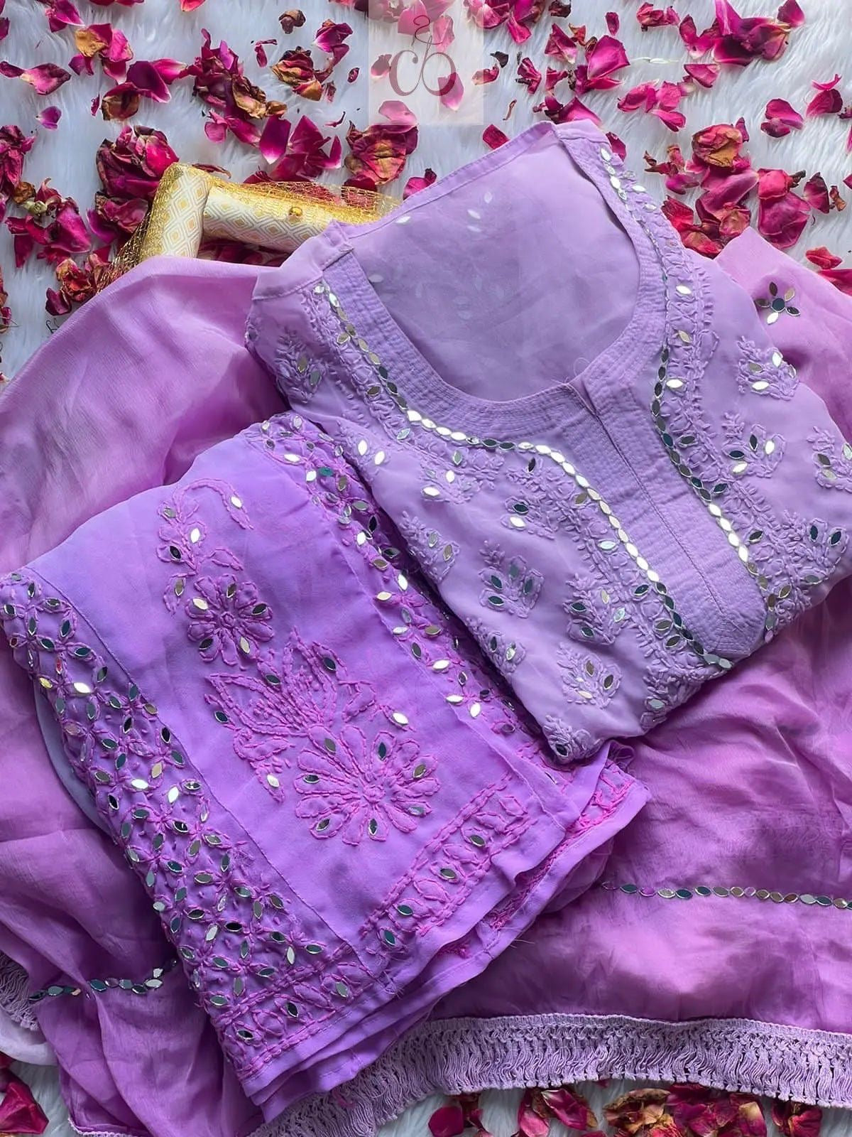 Chikankari mirror with chiffon dupatta