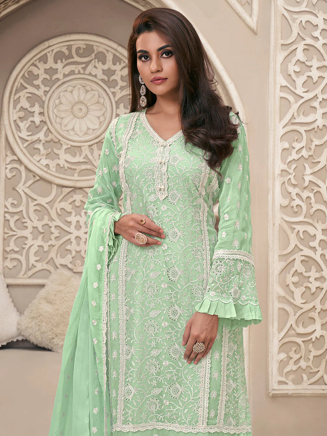 Mint Green with Schiffli Work  Organza Set with inner - SuratHausBerlin 