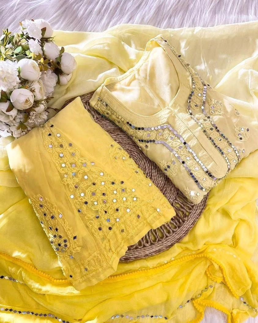 Chikankari mirror with chiffon dupatta