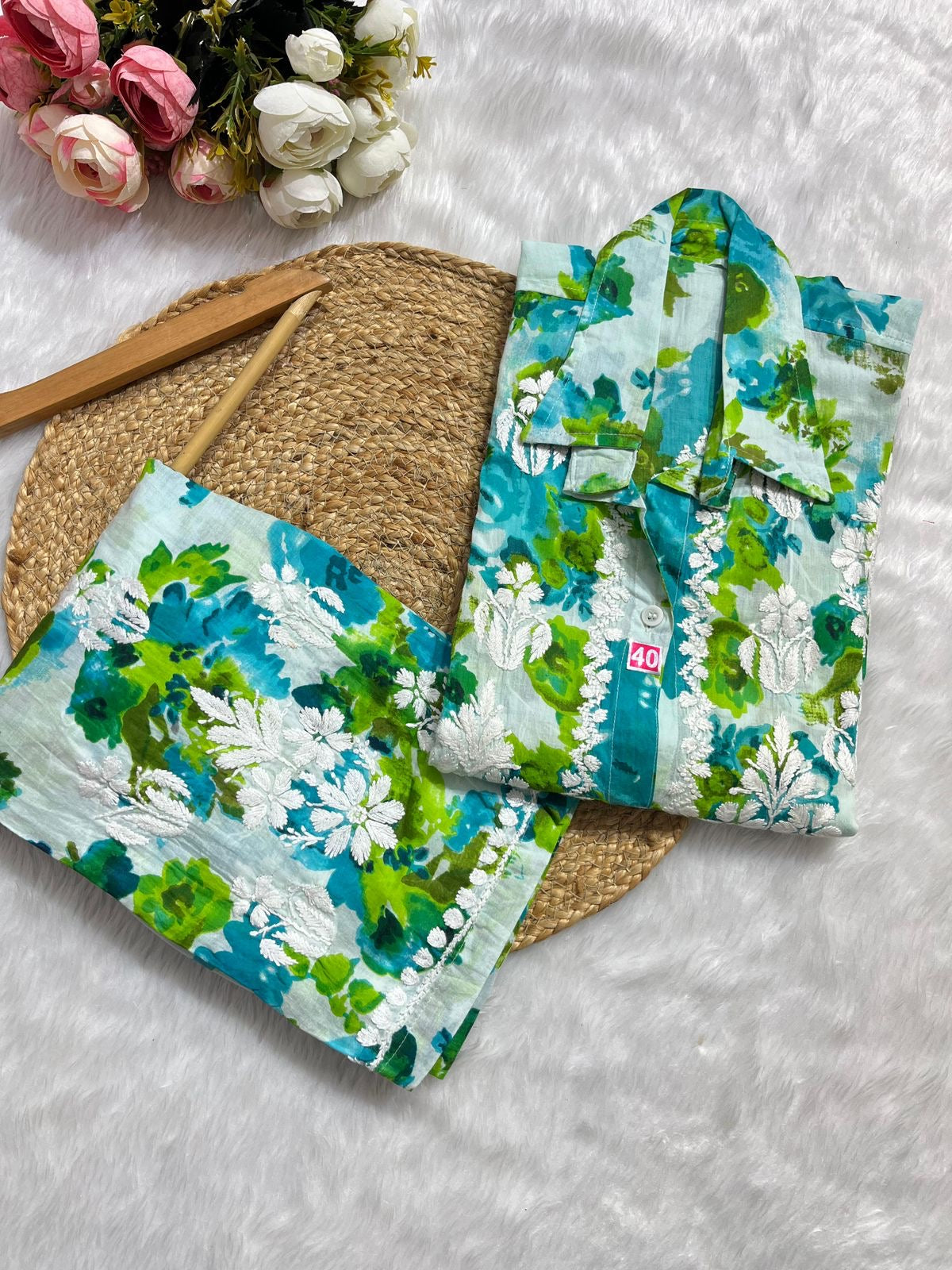 Floral Mul Mul Co-Ord Set -Lucknowi handwork - SuratHausBerlin 