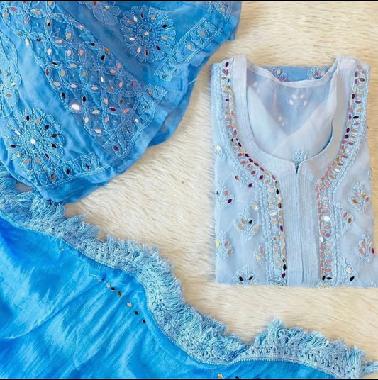 Chikankari mirror with chiffon dupatta