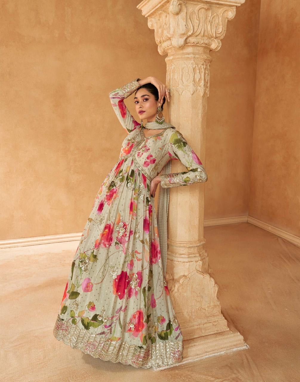 Floral Sand Festive Gown Set - Designer Collection