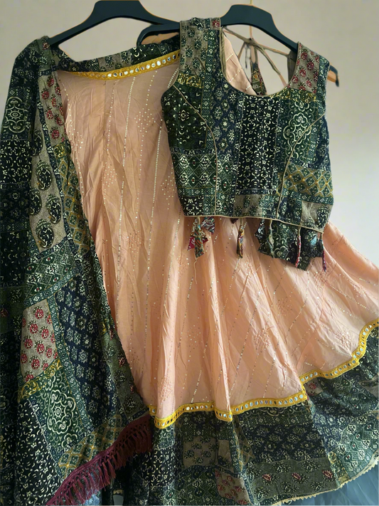 Peach Traditional Choli set -Dark green Black contrast print - SuratHausBerlin 