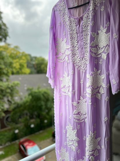 Lavender Floral Symphony: 
Hand-Embroidered Crepe Lucknowi Kurta