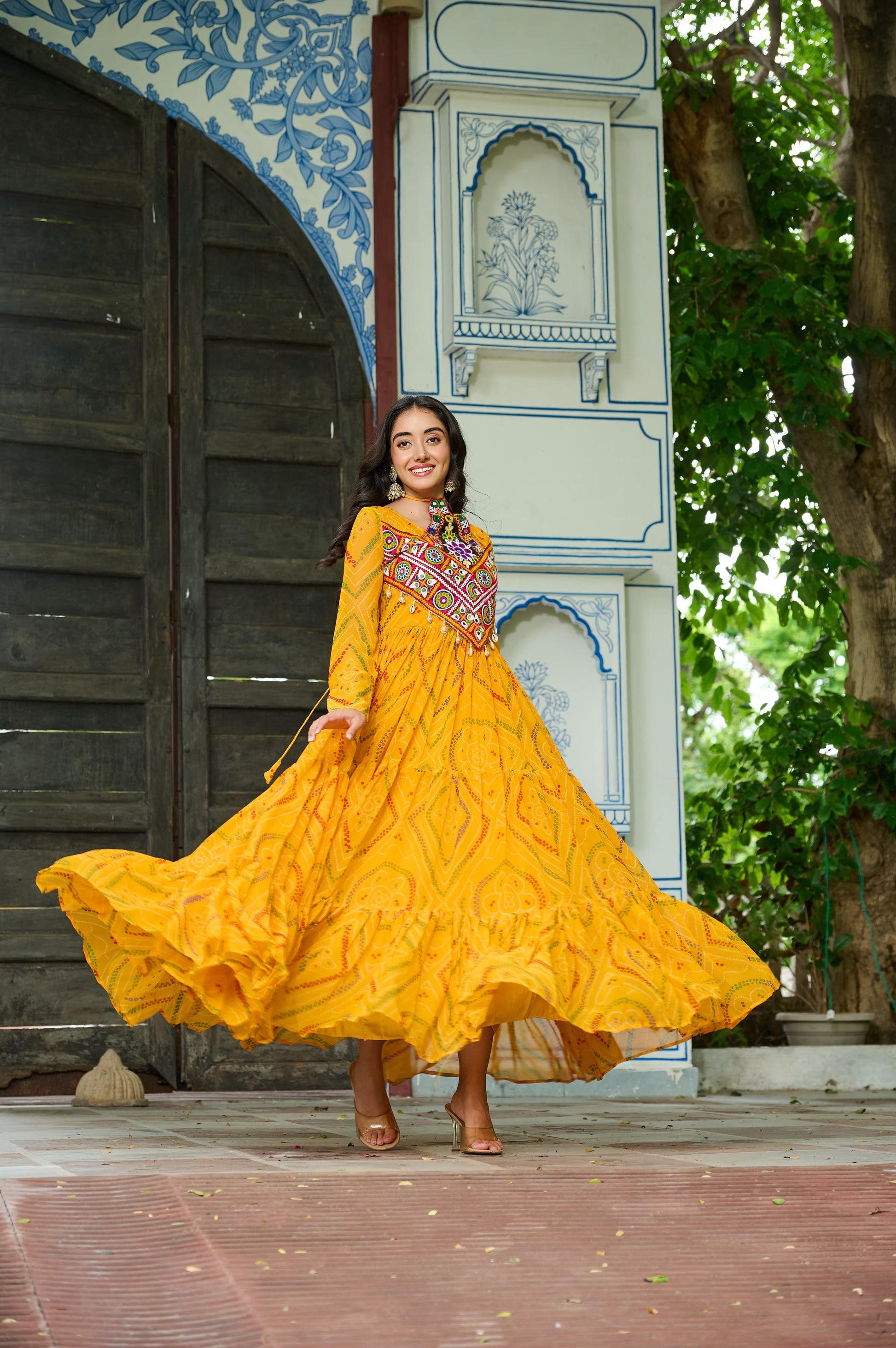 Navratri Bandhani Print Gown with Kutchi Patchwork - SuratHausBerlin 
