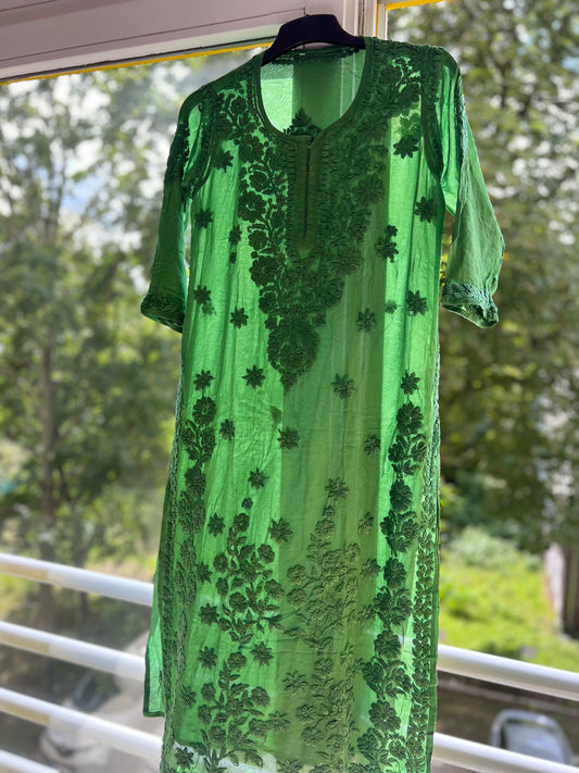 Soft Green 3D Viscose Kurti with Handcrafted Lucknowi Embroidery - SuratHausBerlin 