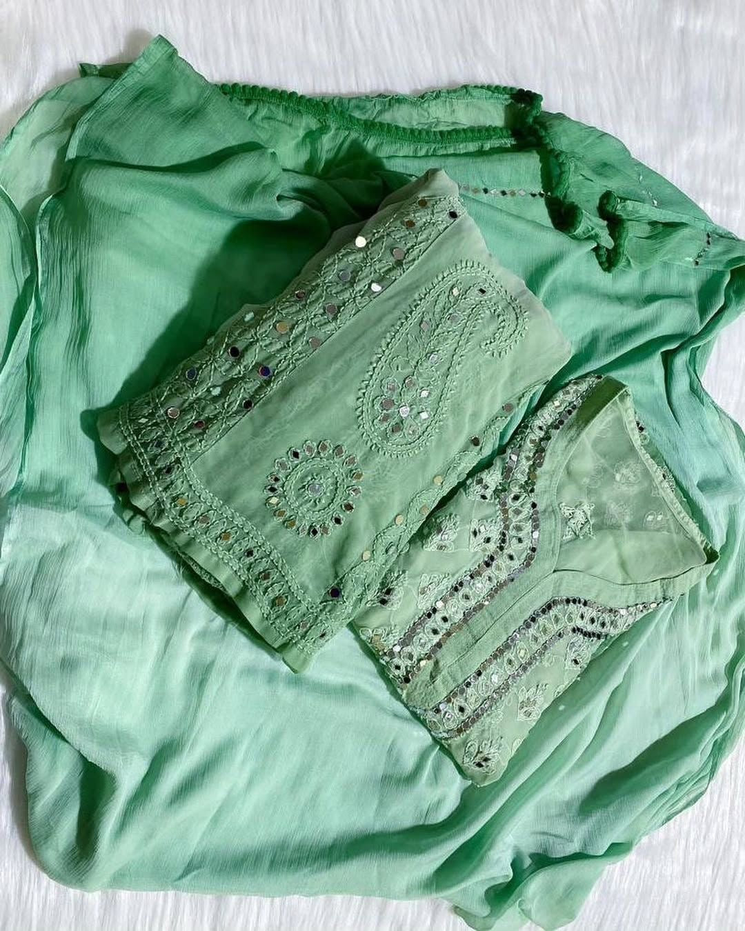 Chikankari mirror with chiffon dupatta