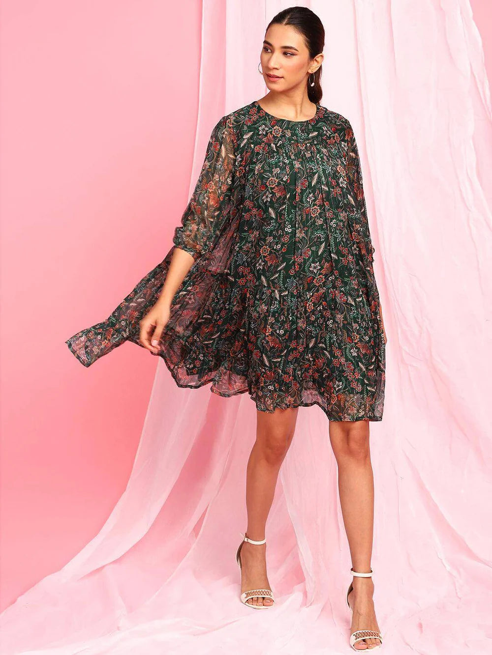 Green Georgette Floral Flared Western Dress - SuratHausBerlin 