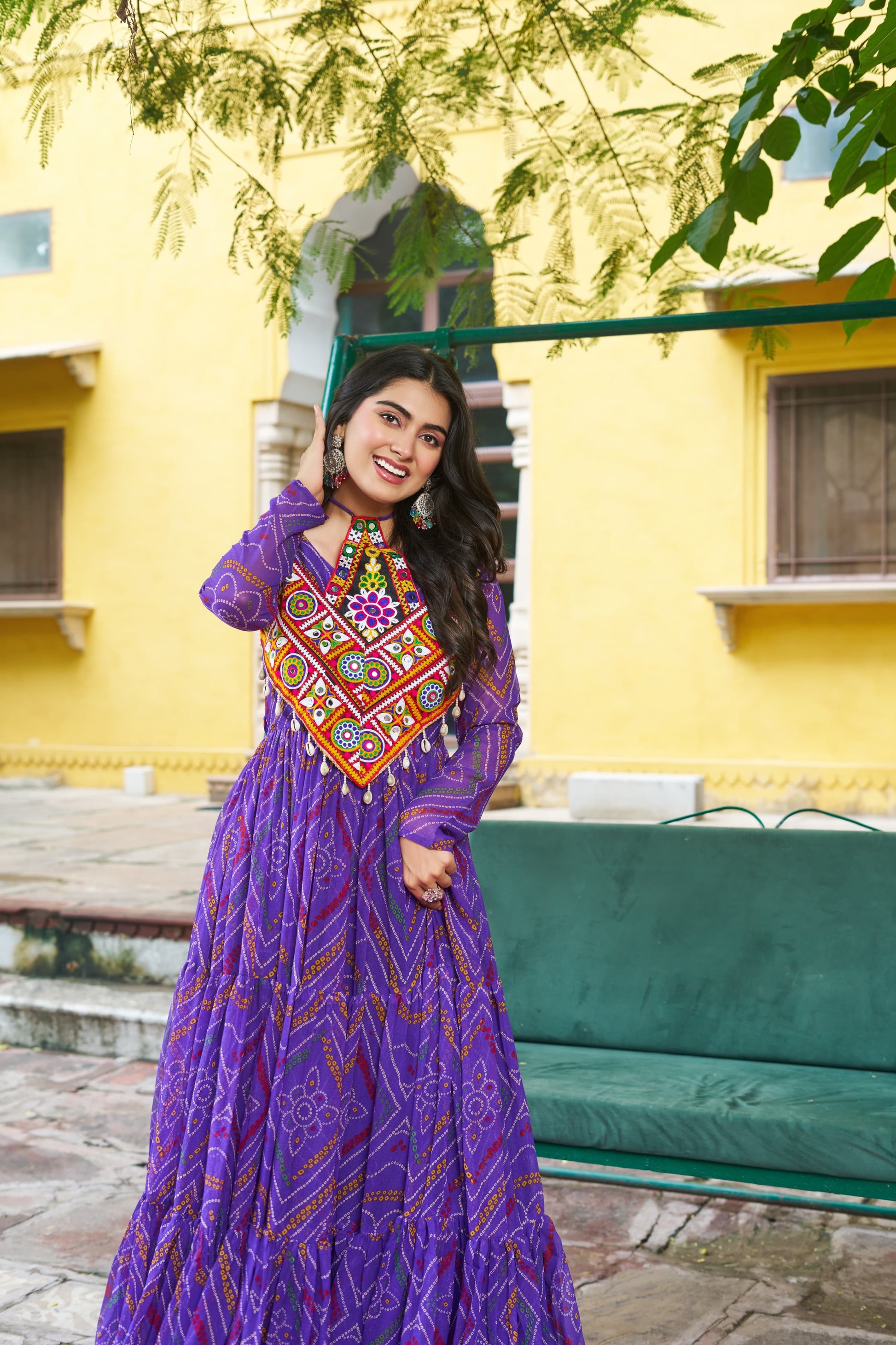 Navratri Bandhani Print Gown with Kutchi Patchwork - SuratHausBerlin 