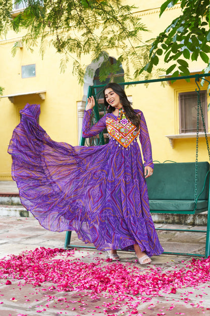 Navratri Bandhani Print Gown with Kutchi Patchwork - SuratHausBerlin 