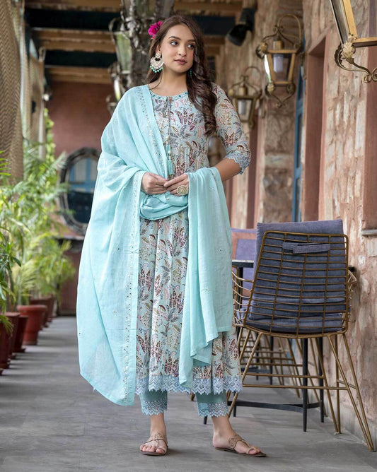 Leaf Print Anarkali Kurta Set with Dupatta