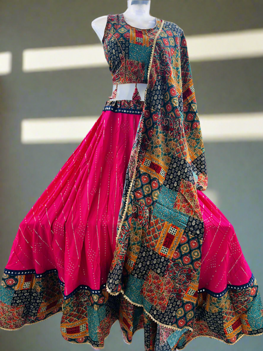Hot Pink Choli set with Multi colored Blouse and Dupatta