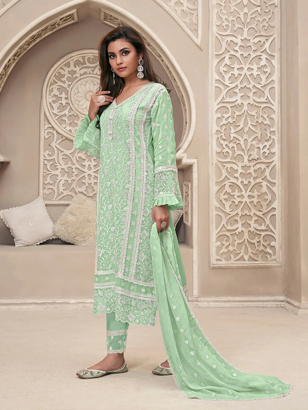 Mint Green with Schiffli Work  Organza Set with inner - SuratHausBerlin 