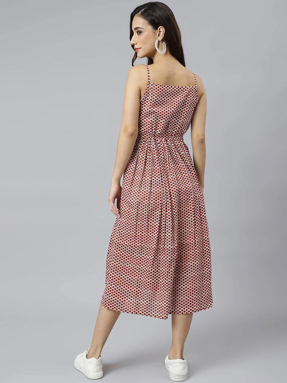 Red Cotton Geometric Printed Flared Western Dress - SuratHausBerlin 
