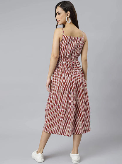 Red Cotton Geometric Printed Flared Western Dress - SuratHausBerlin 