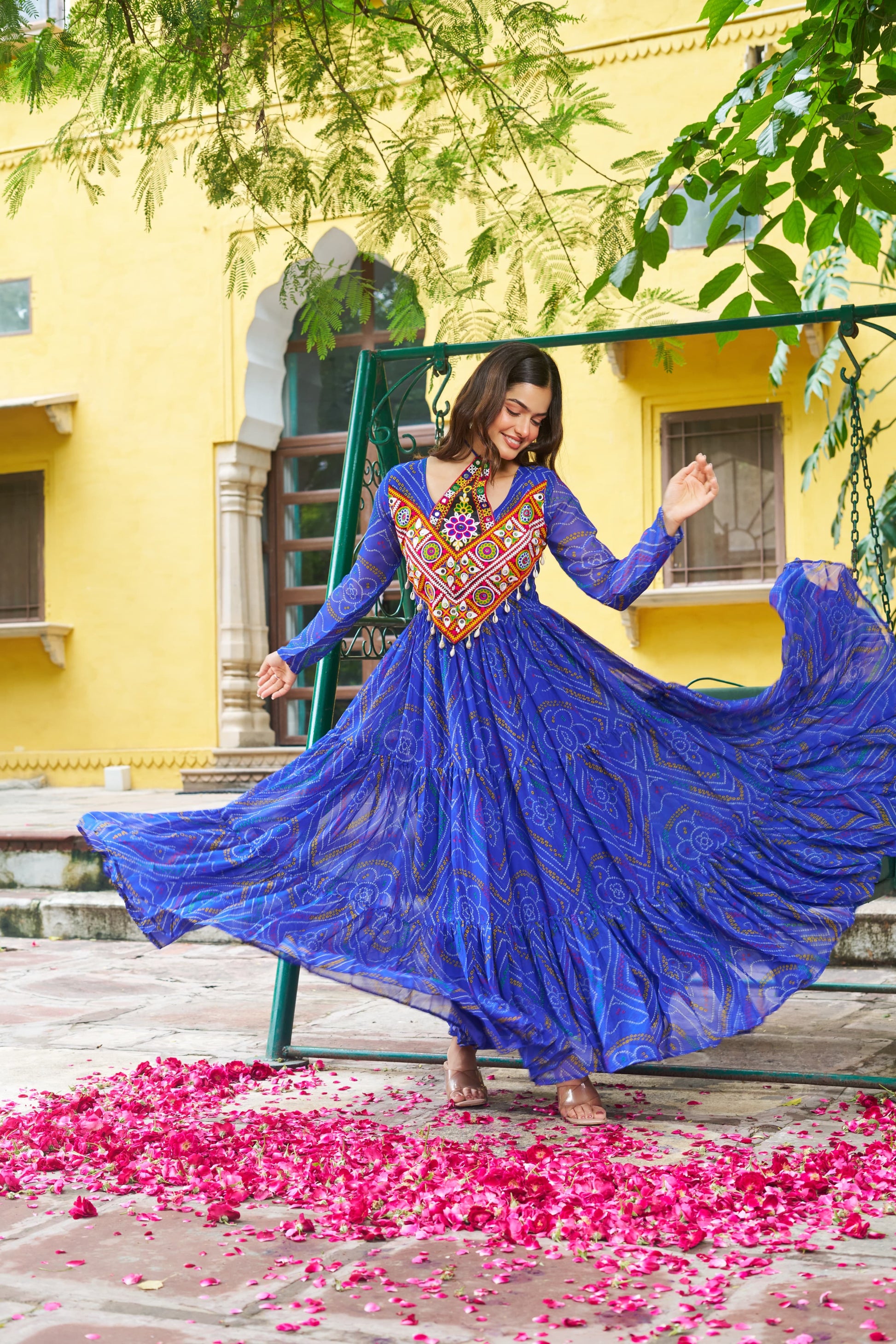 Navratri Bandhani Print Gown with Kutchi Patchwork - SuratHausBerlin 