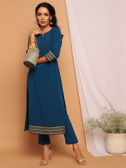Teal Poly Crepe Embellished Kurta set - SuratHausBerlin 