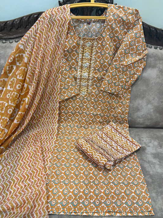 Cotton printed 3pc Kurti set