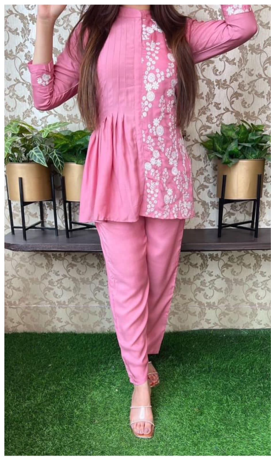 Stylish Rayon co-ord set with white Thread embroidery