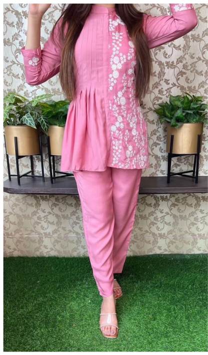 Stylish Rayon co-ord set with white Thread embroidery