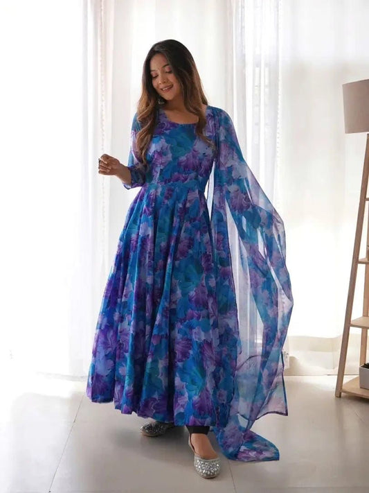 Floral Blue Georgette Gown with dupatta