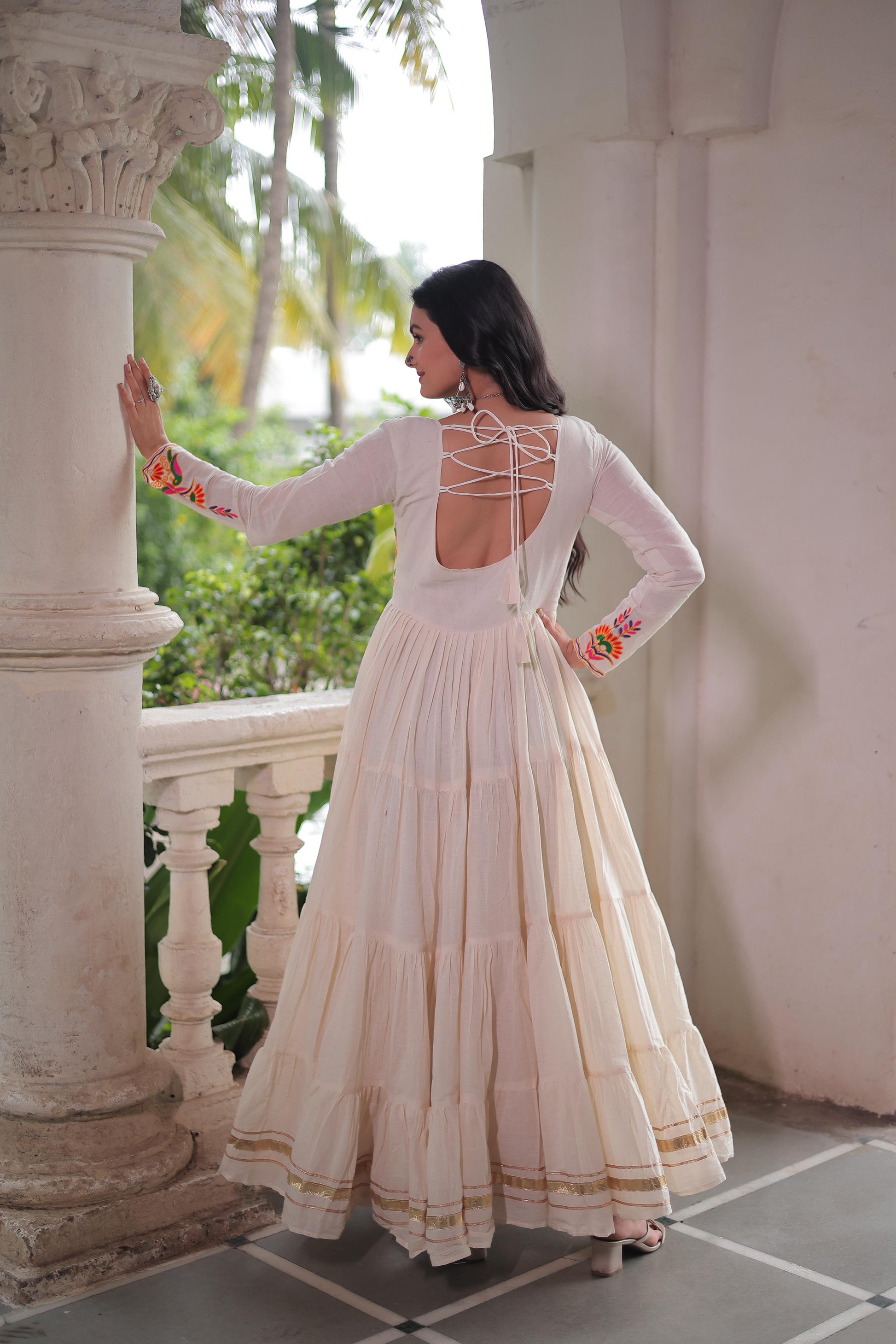 12Meter Flair - Navratri Off-White Embroidered Gown - SuratHausBerlin 