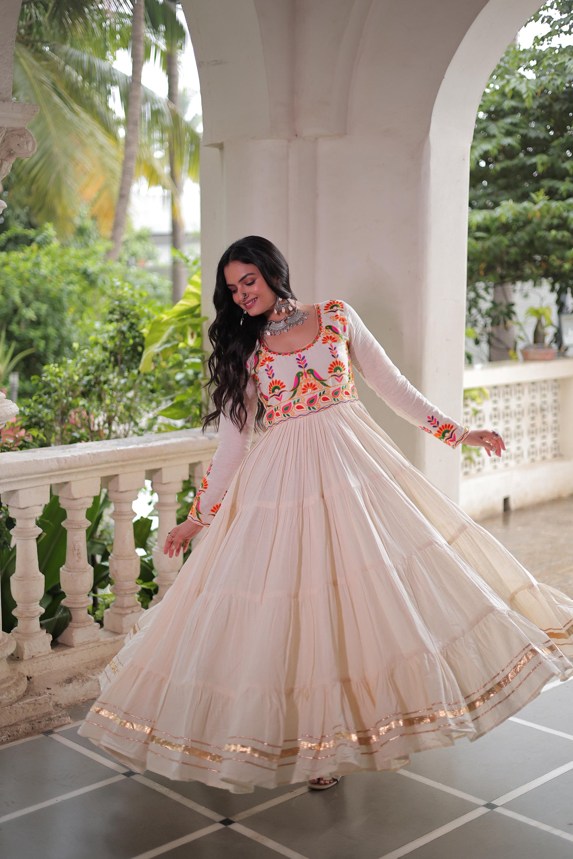 12Meter Flair - Navratri Off-White Embroidered Gown - SuratHausBerlin 