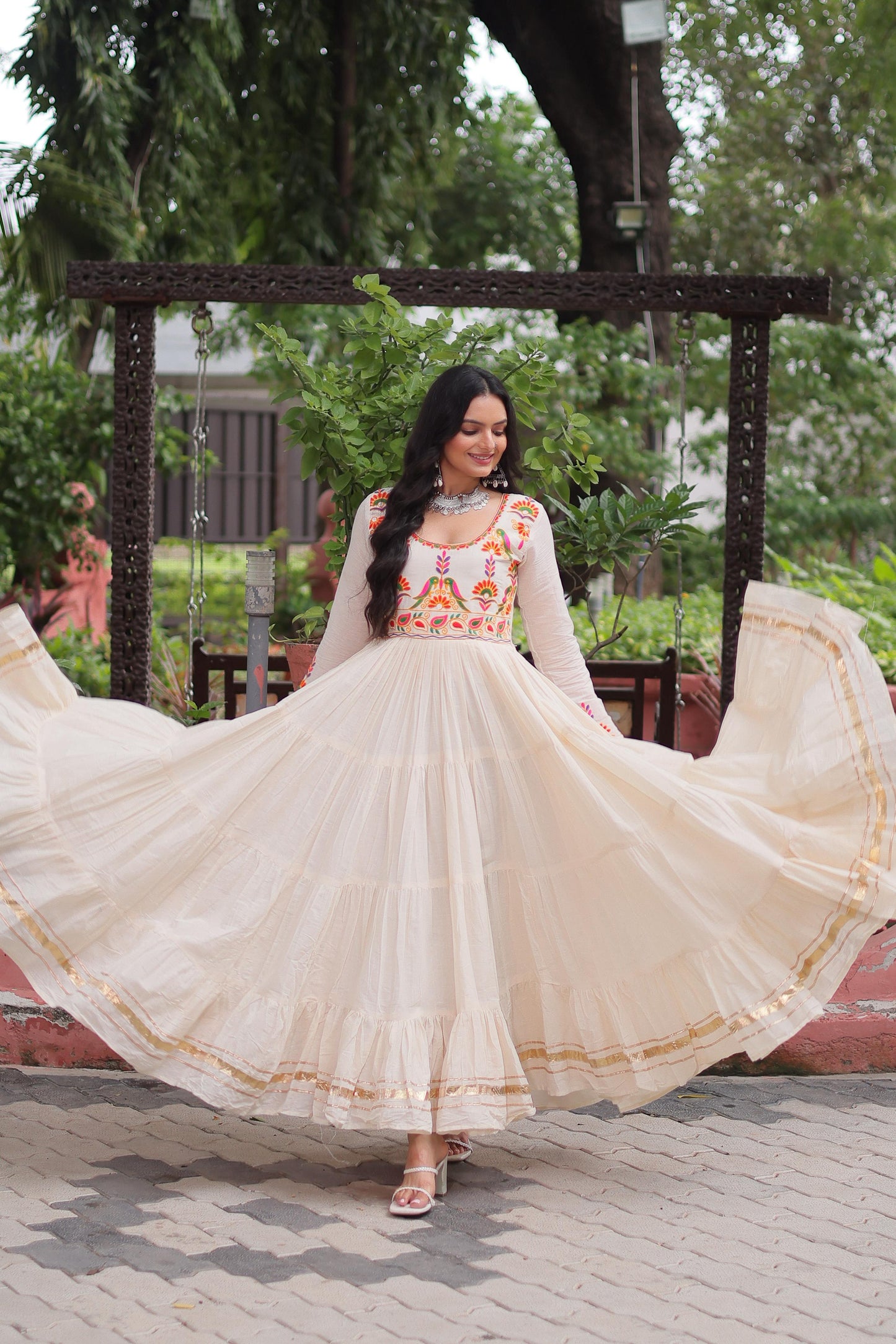 12Meter Flair - Navratri Off-White Embroidered Gown - SuratHausBerlin 