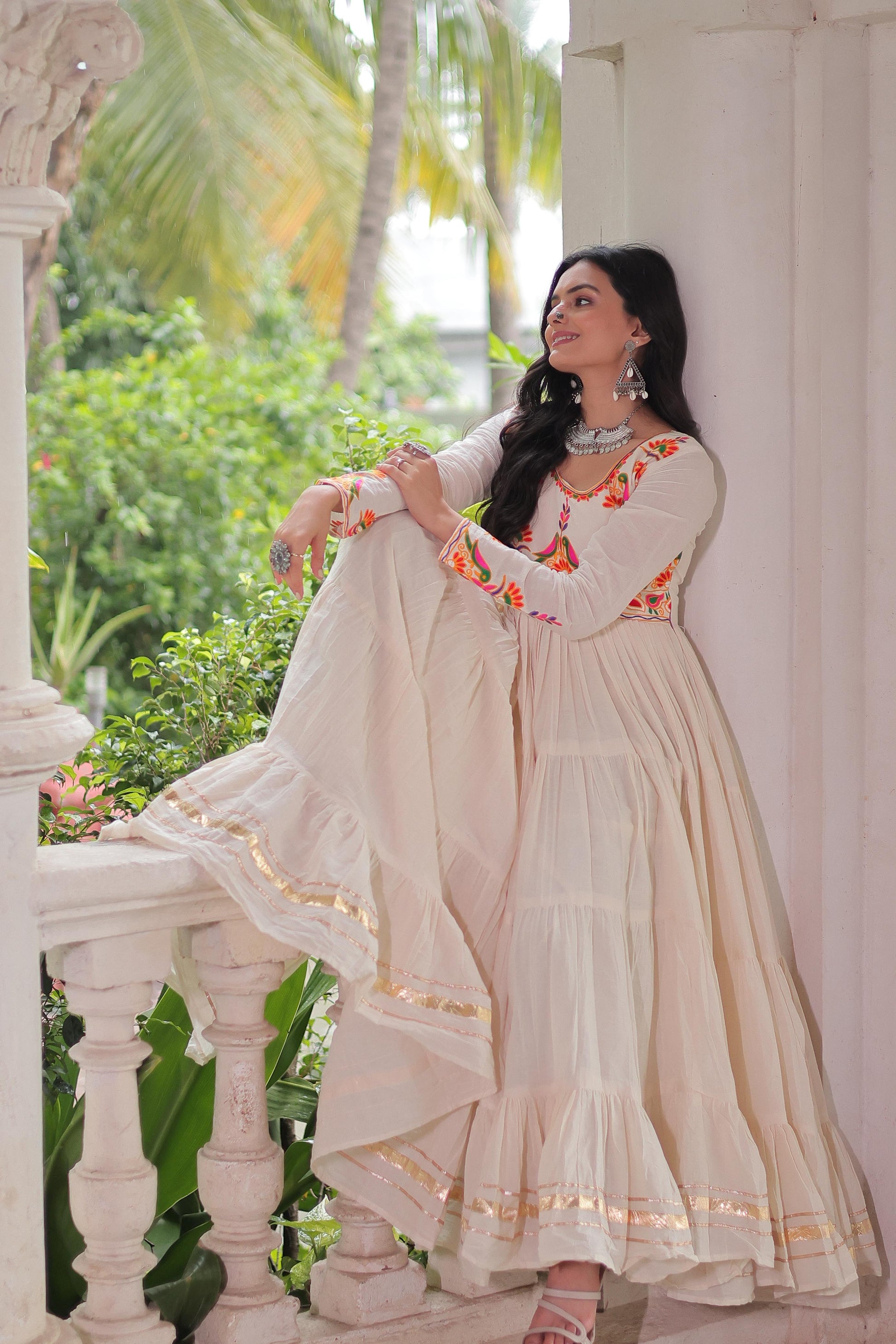 12Meter Flair - Navratri Off-White Embroidered Gown - SuratHausBerlin 