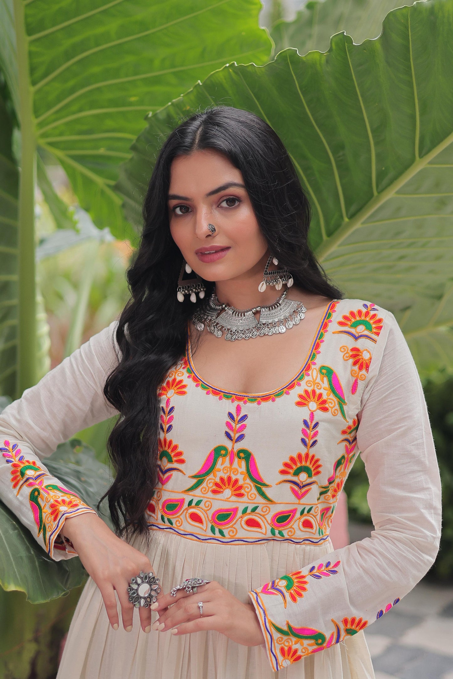 12Meter Flair - Navratri Off-White Embroidered Gown - SuratHausBerlin 