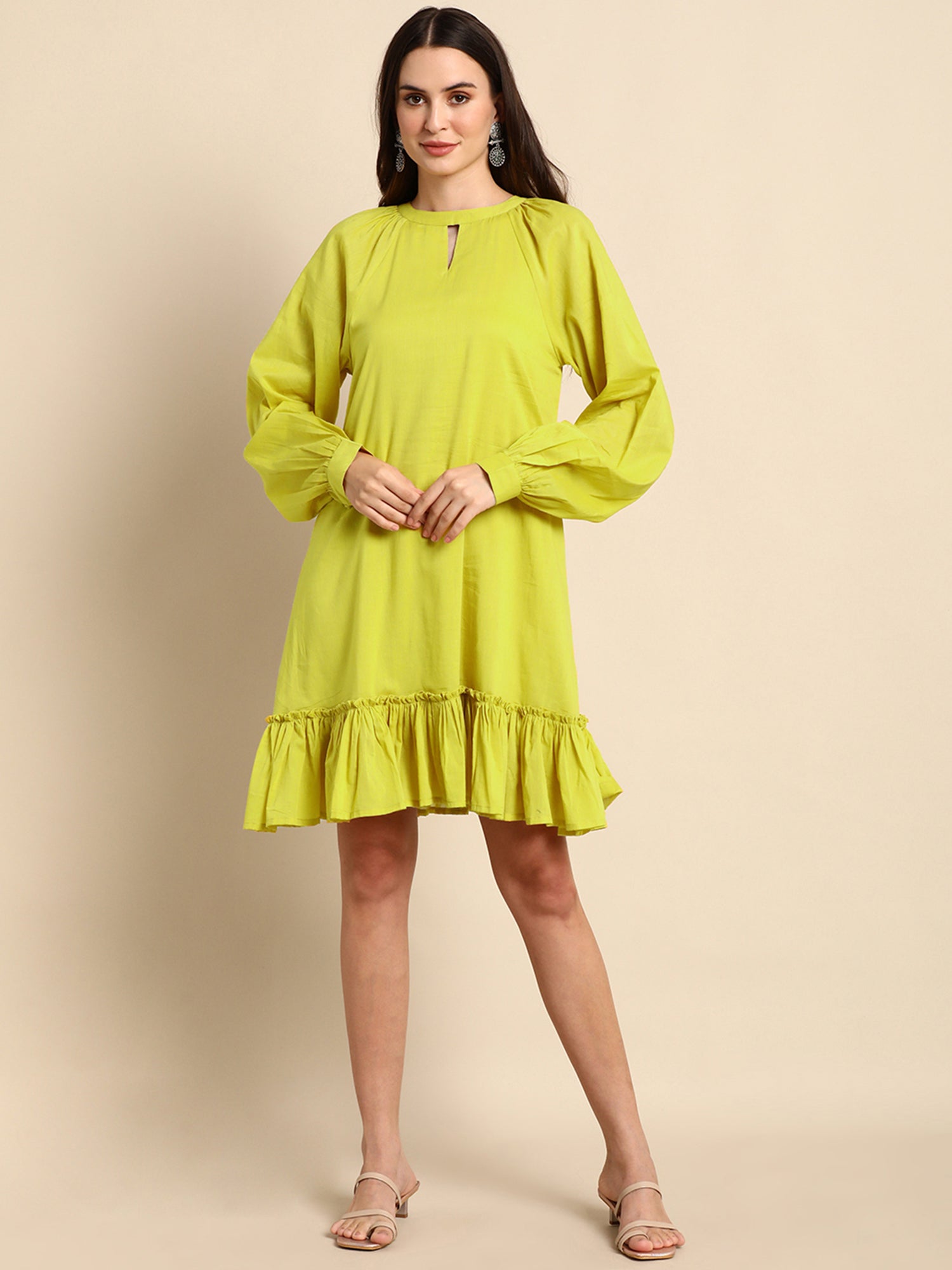 LIME GREEN COTTON SOLID DROP-WAIST WESTERN DRESS - SuratHausBerlin 