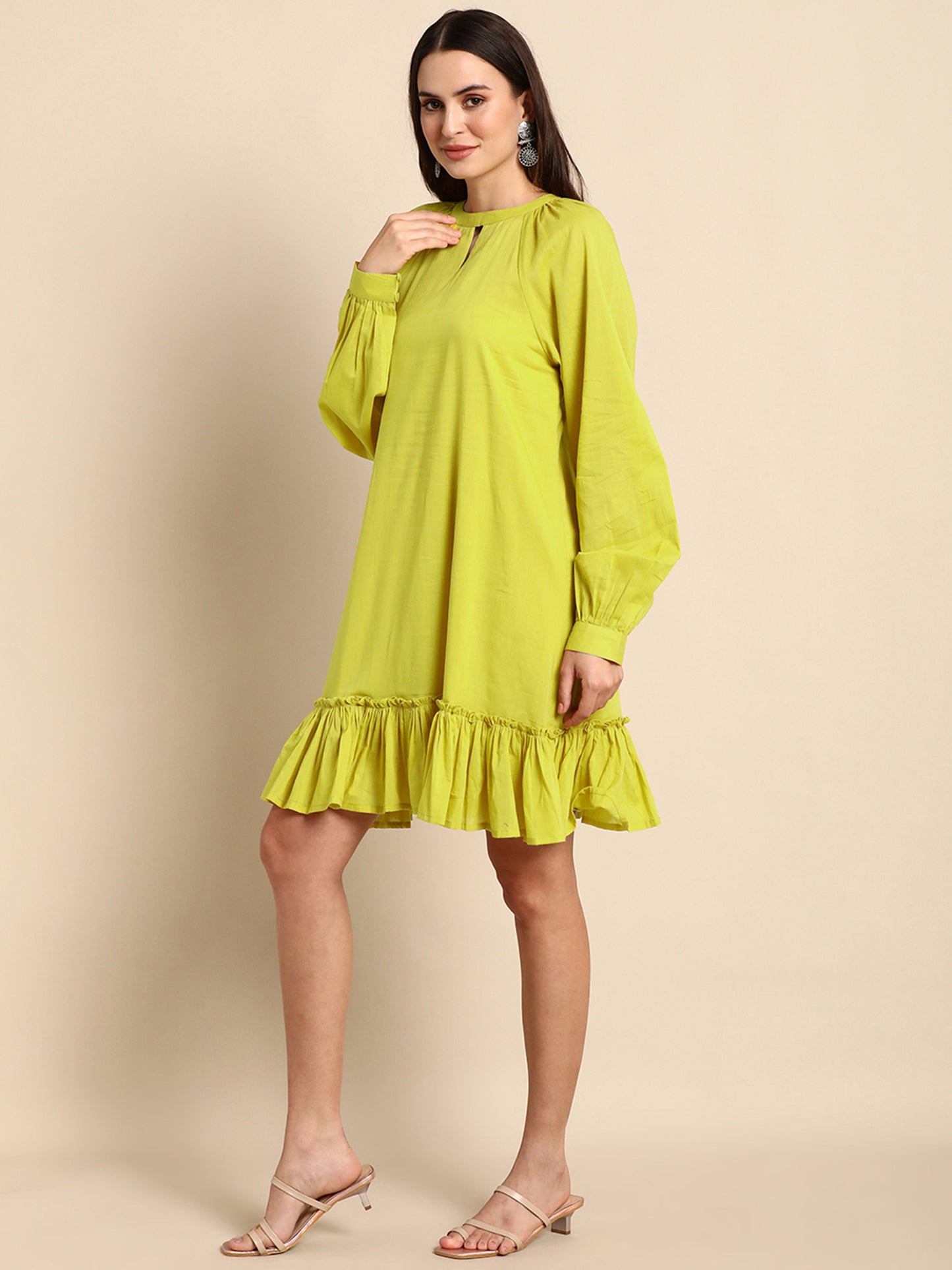 LIME GREEN COTTON SOLID DROP-WAIST WESTERN DRESS - SuratHausBerlin 