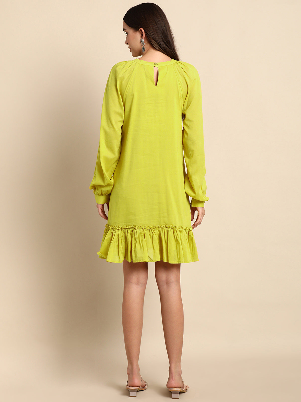 LIME GREEN COTTON SOLID DROP-WAIST WESTERN DRESS - SuratHausBerlin 