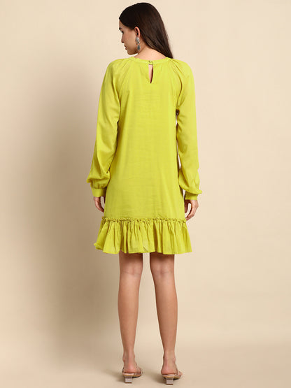 LIME GREEN COTTON SOLID DROP-WAIST WESTERN DRESS - SuratHausBerlin 
