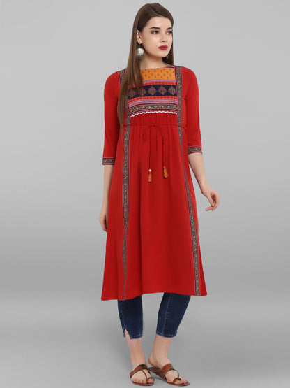 Rotes Crêpe-Kurta mit Blumenmuster für Damen