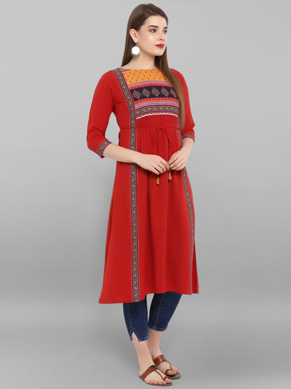 Rotes Crêpe-Kurta mit Blumenmuster für Damen