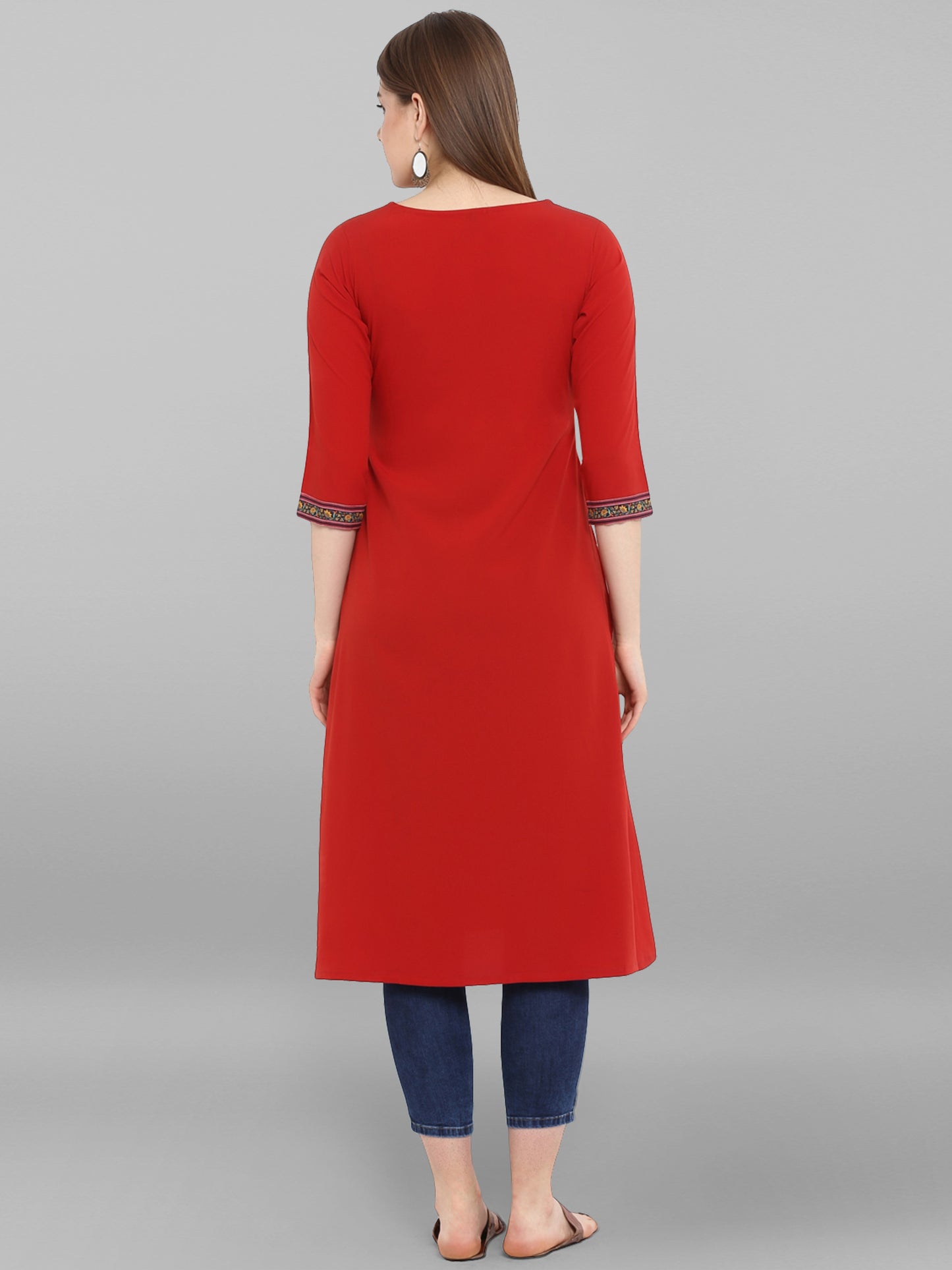 Rotes Crêpe-Kurta mit Blumenmuster für Damen