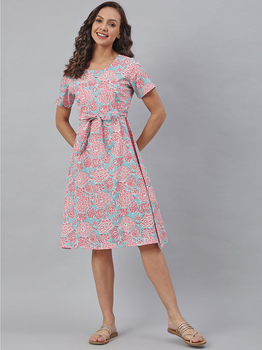 Pink-Blue Cotton Floral A-line Western Dress