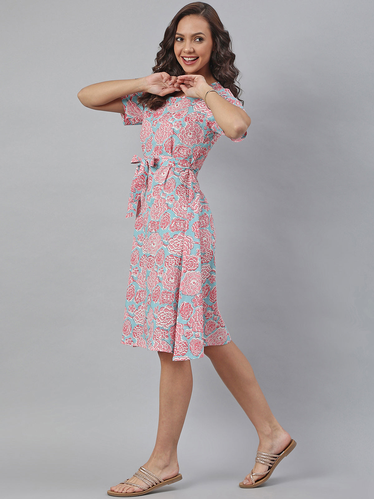 Pink-Blue Cotton Floral A-line Western Dress - SuratHausBerlin 