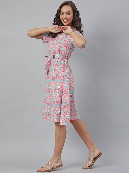 Pink-Blue Cotton Floral A-line Western Dress - SuratHausBerlin 